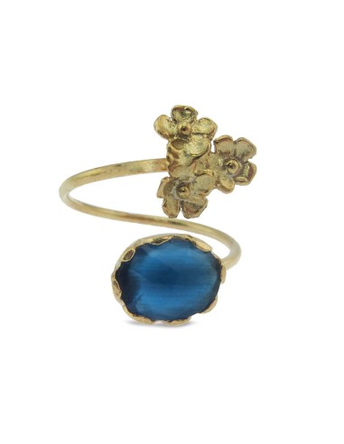 MRIO Classic Adjustable Ring Gold Plated Silver Blue Stone and 3 Flowers